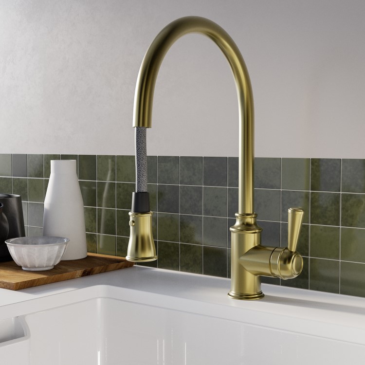 1.5 Bowl White Reversible Ceramic Inset Kitchen Sink with Brushed Brass Pull Out Mixer Tap Set - Taylor & Moore