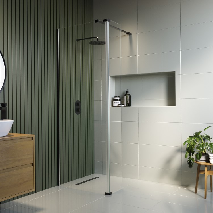 700mm Black Shower Screen for Wetroom & Walk In Shower with 300mm Hinged Flipper Panel - Corvus