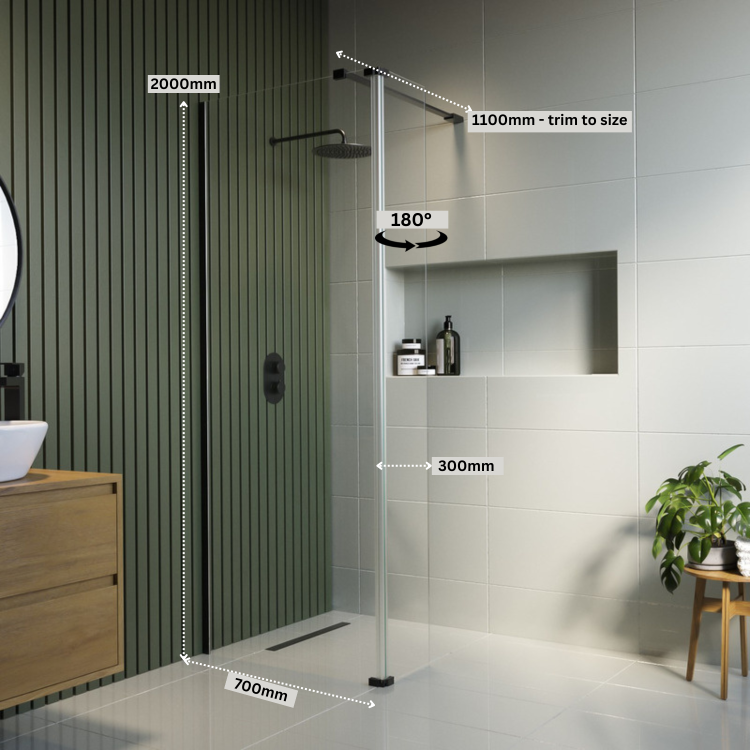 700mm Black Shower Screen for Wetroom & Walk In Shower with 300mm Hinged Flipper Panel - Corvus