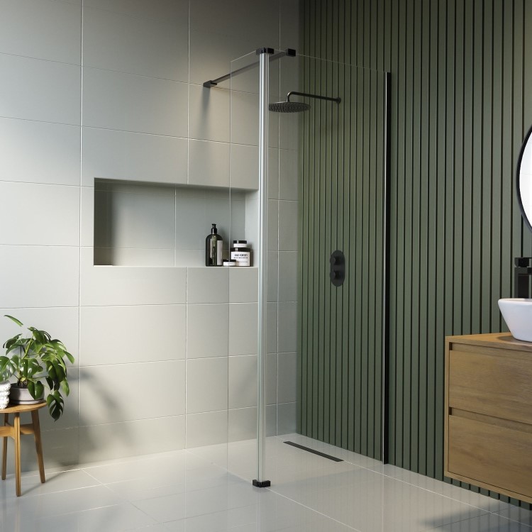 700mm Black Shower Screen for Wetroom & Walk In Shower with 300mm Hinged Flipper Panel - Corvus