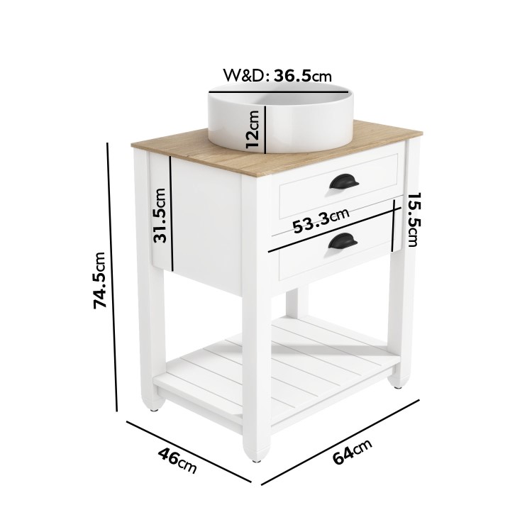 Grade A1 - 650mm White Freestanding Countertop Vanity with Wood Effect Worktop and Basin - Kentmere