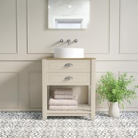 Grade A1 - 650mm Beige Freestanding Vanity Unit with Wood Effect Top and Chrome Handles - Kentmere