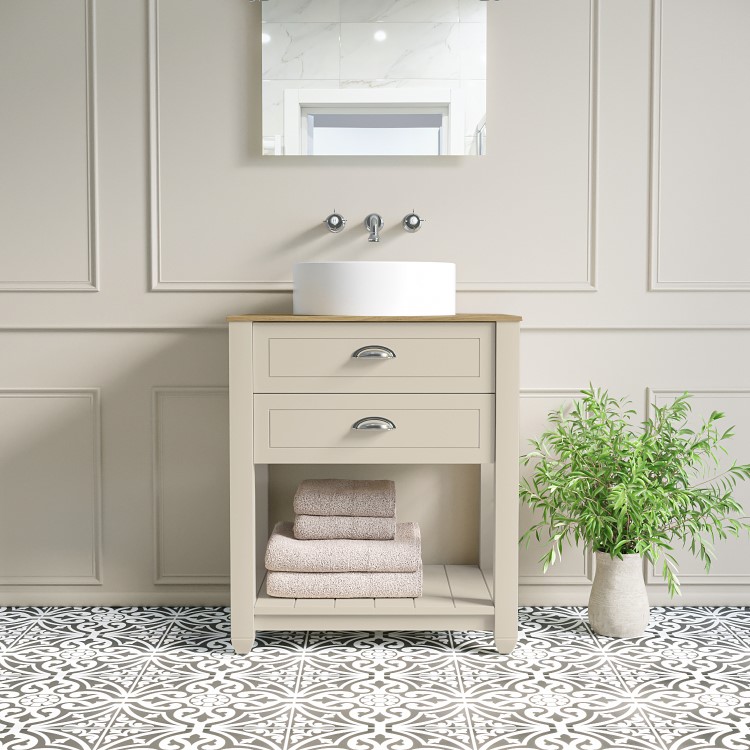 Grade A1 - 650mm Beige Freestanding Vanity Unit with Wood Effect Top and Chrome Handles - Kentmere