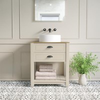 Grade A1 - 650mm Beige Traditional Freestanding Vanity Unit with Wood Effect Top and Black Handles - Kentmere