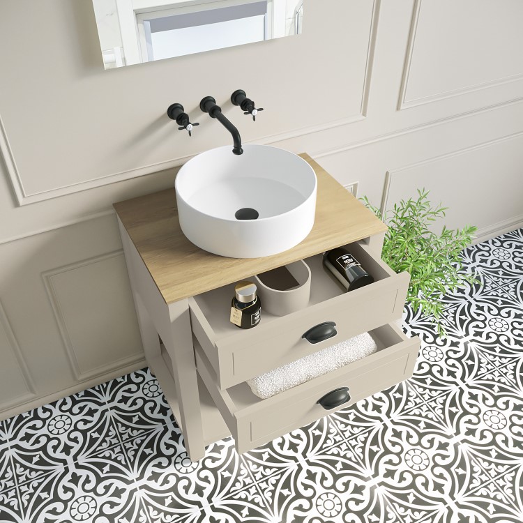 Grade A1 - 650mm Beige Traditional Freestanding Vanity Unit with Wood Effect Top and Black Handles - Kentmere