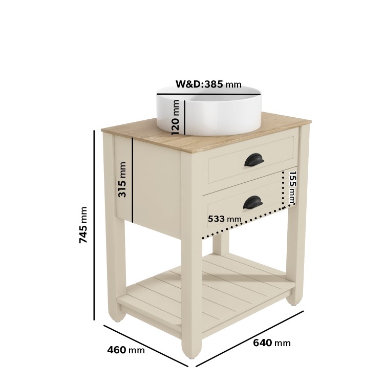 Grade A1 - 650mm Beige Traditional Freestanding Vanity Unit with Wood Effect Top and Black Handles - Kentmere