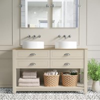 Grade A1 - 1250mm Beige Traditional Freestanding Vanity Unit with Wood Effect Top and Chrome Handles - Kentmere