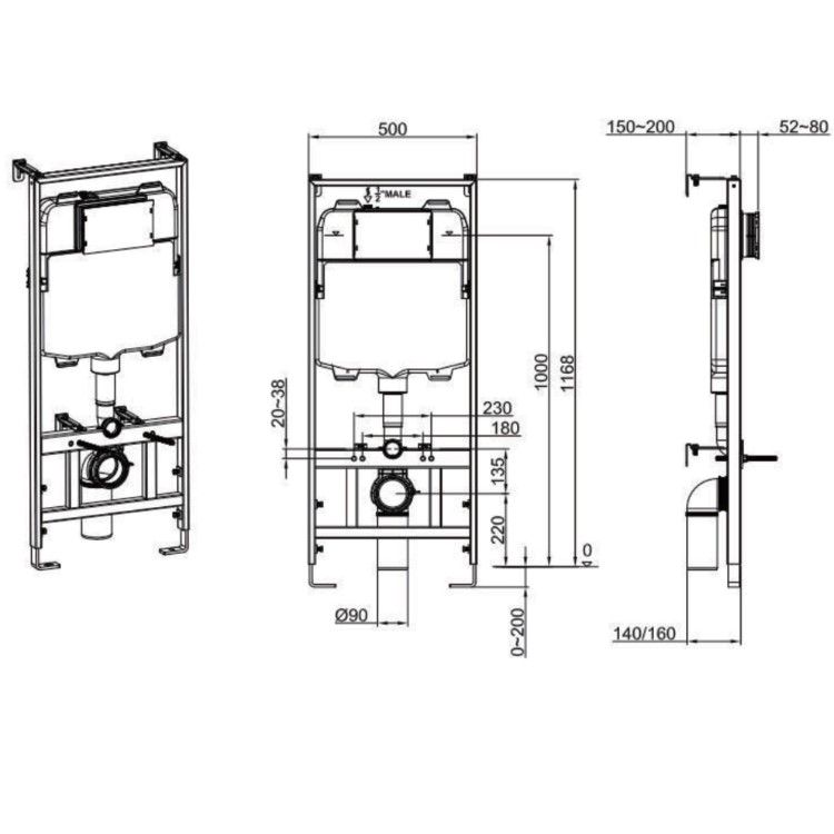 Wall Hung Rimless Toilet with Soft Close Seat, Black Glass Sensor Flush Plate, 1168mm Frame & Cistern – Roma