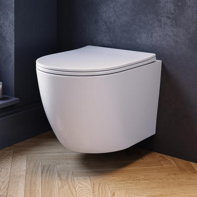 Wall Hung Rimless Toilet with Soft Close Seat, Brushed Brass Pneumatic Flush Plate, 820mm Frame & Cistern – Roma
