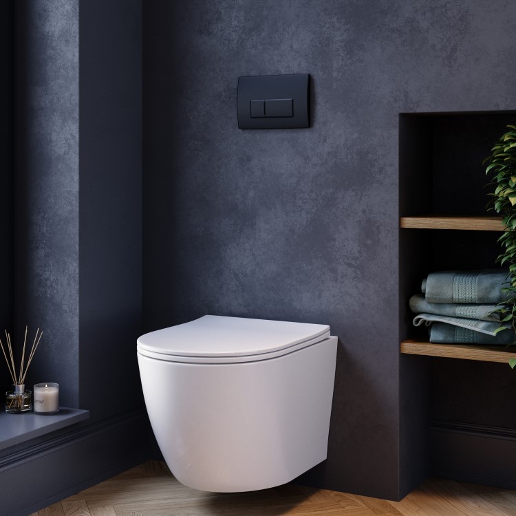 Wall Hung Rimless Toilet with Soft Close Seat, Black Pneumatic Flush Plate, 1168mm Frame & Cistern – Roma
