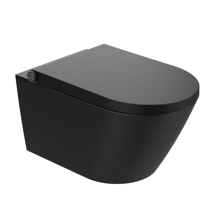 Matt Black Wall Hung Smart Bidet Japanese Toilet & 820mm Frame Cistern with Matt Black Pneumatic Flush Plate - Purificare