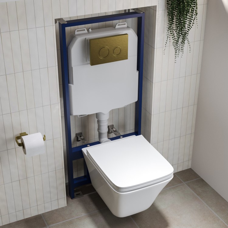 Grade A1 - Wall Hung Rimless Toilet  - Includes Cistern Wall Hung Frame Soft Close Seat and Brushed Brass Flush Plate - Boston