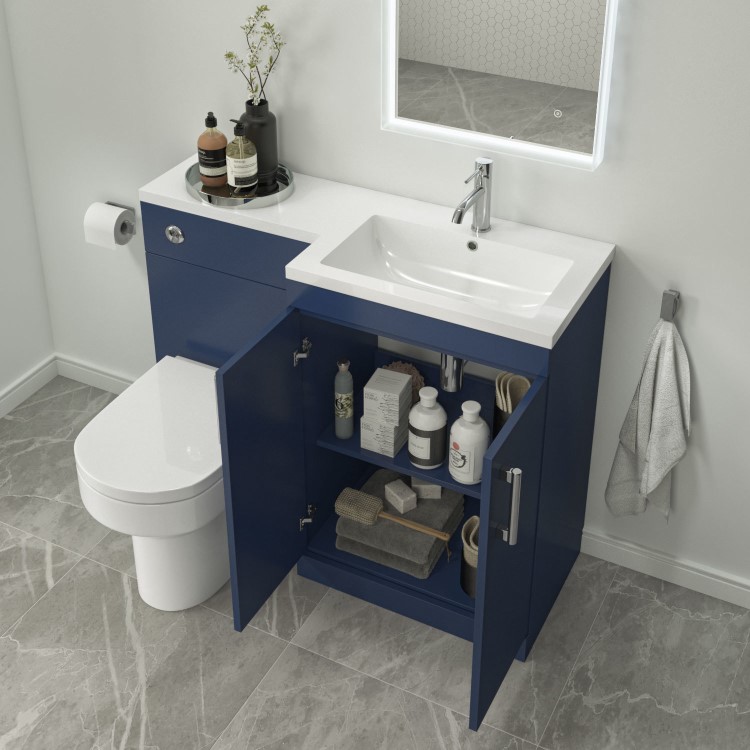 Grade A1 - 1100mm Blue Toilet and Sink Unit Right Hand with Round Toilet and Chrome Fittings - Ashford Bundle