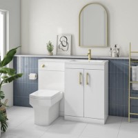 1100mm White Toilet and Sink Unit Right Hand with Square Toilet and Brass Fittings - Ashford