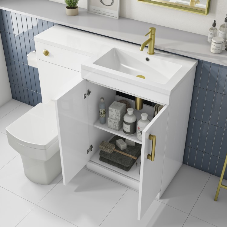 1100mm White Toilet and Sink Unit Right Hand with Square Toilet and Brass Fittings - Ashford