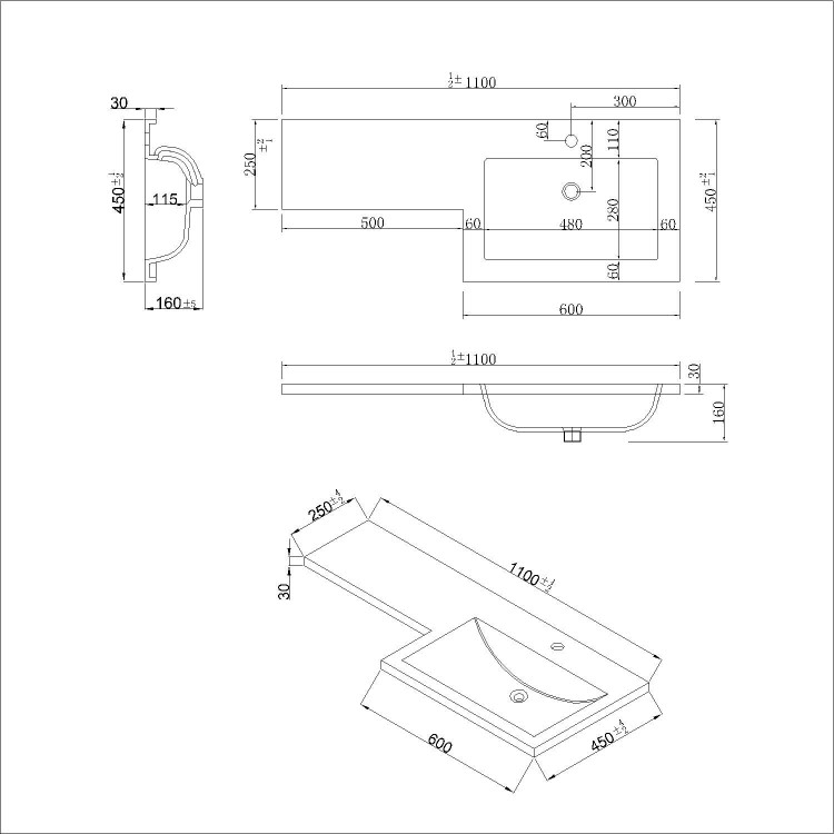 1100mm White Toilet and Sink Unit Right Hand with Square Toilet and Brass Fittings - Ashford