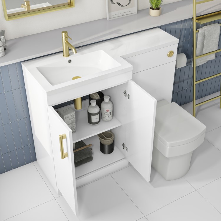 1100mm White Toilet and Sink Unit Left Hand with Square Toilet and Brass Fittings - Ashford