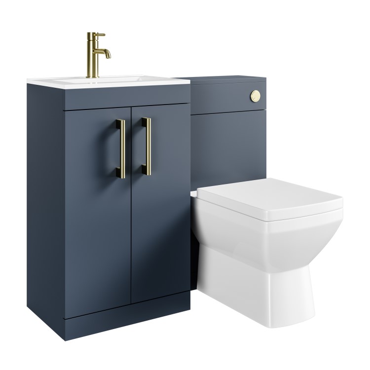 1100mm Blue Toilet and Sink Unit Left Hand with Square Toilet and Brass Fittings - Ashford