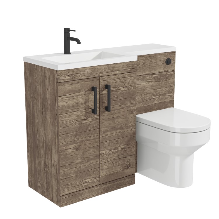 Grade A1 - 1100mm Wood Effect Toilet and Sink Unit Left Hand with Black Fittings - Ashford
