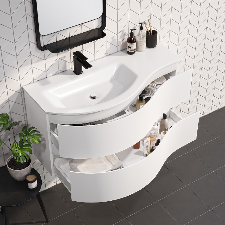 Grade A1 - 1000mm White Wall Hung Left Hand Curved Vanity Unit with Basin - Tulum