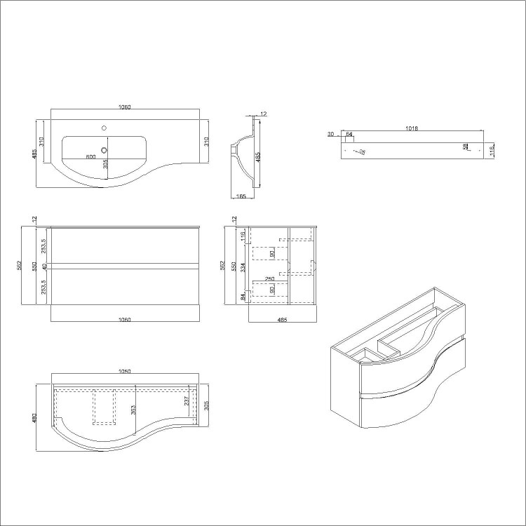 Grade A1 - 1000mm White Wall Hung Left Hand Curved Vanity Unit with Basin - Tulum