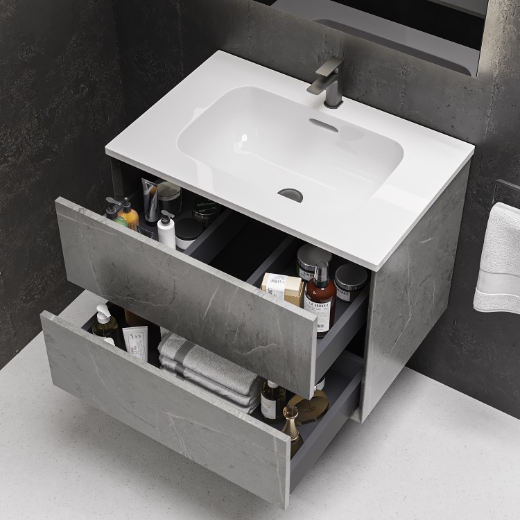 ONLY OPENED - 700mm Concrete Effect Wall Hung Vanity Unit with Basin - Arragon