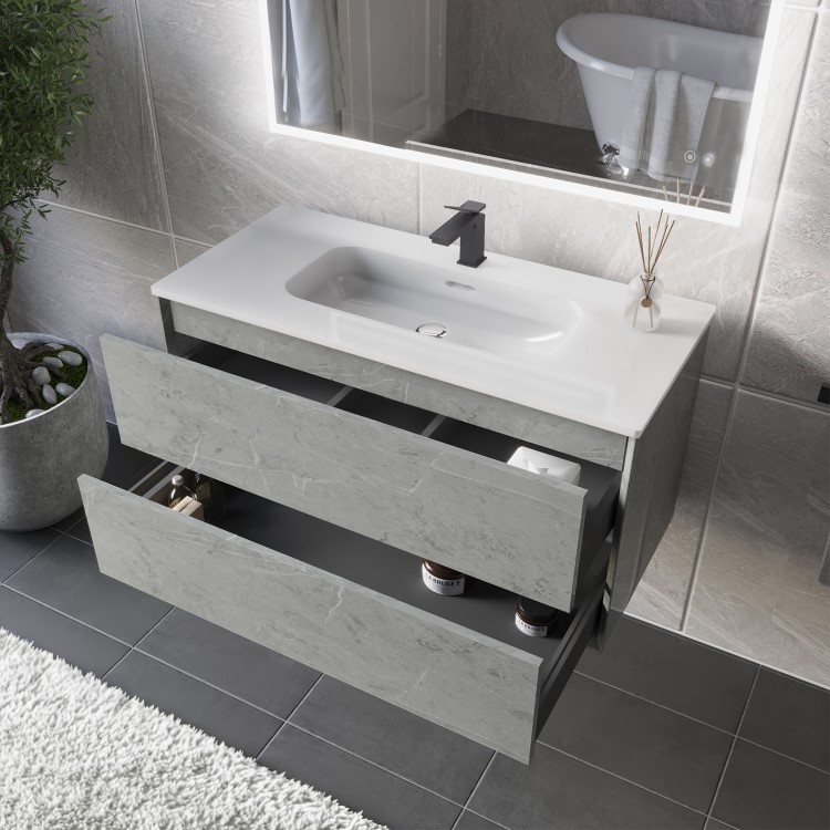 Grade A1 - 700mm Stone Effect Wall Hung Vanity Unit with Basin - Arragon