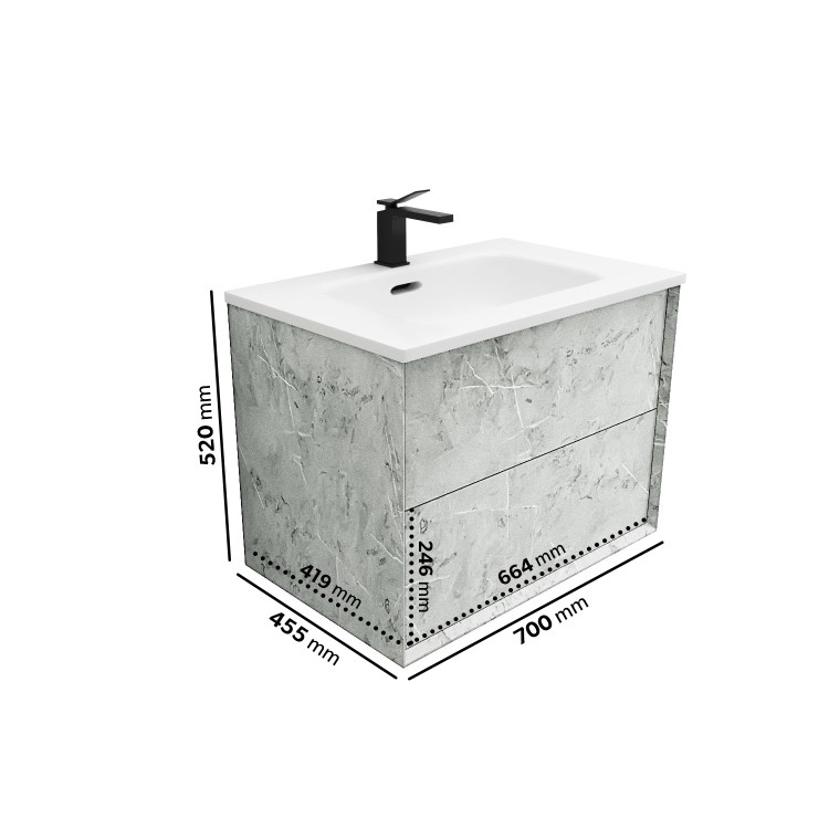 ONLY OPENED - 700mm Concrete Effect Wall Hung Vanity Unit with Basin - Arragon