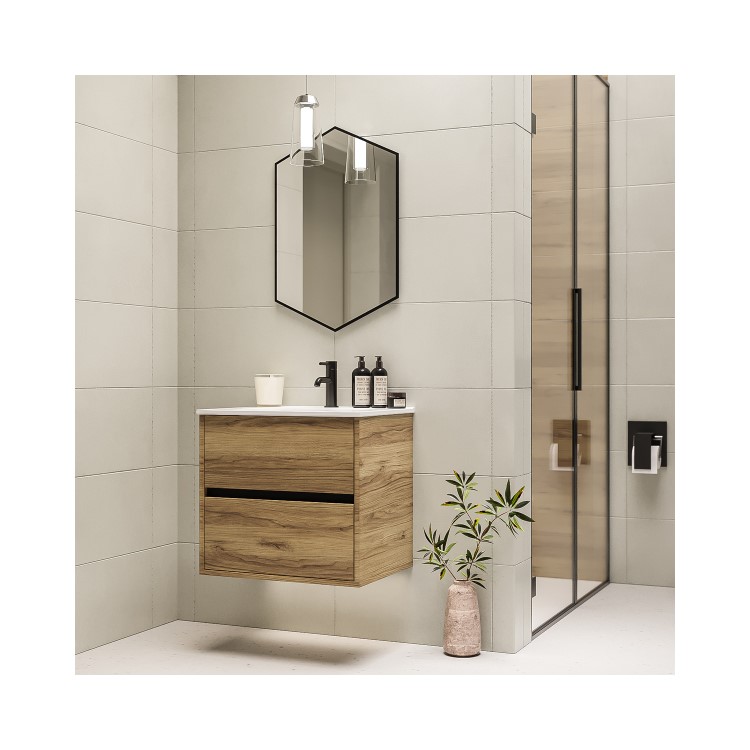Grade A1 - 600mm Wood Effect Wall Hung Vanity Unit with Basin - Roxbi