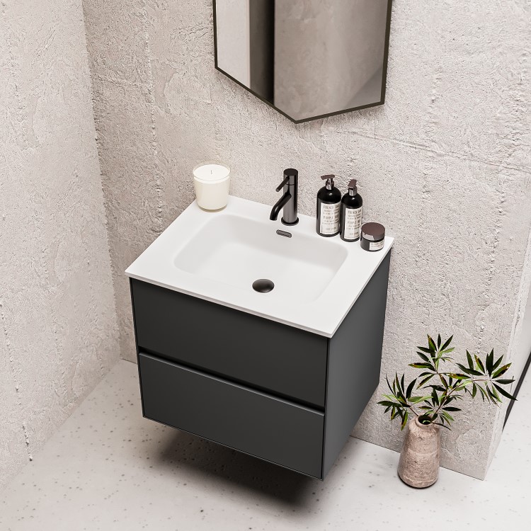 Grade A1 - 600mm Grey Wall Hung Vanity Unit with Basin - Roxbi