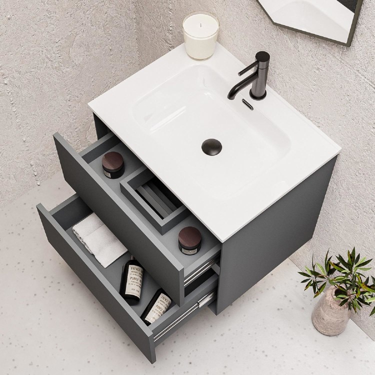 Grade A1 - 600mm Grey Wall Hung Vanity Unit with Basin - Roxbi