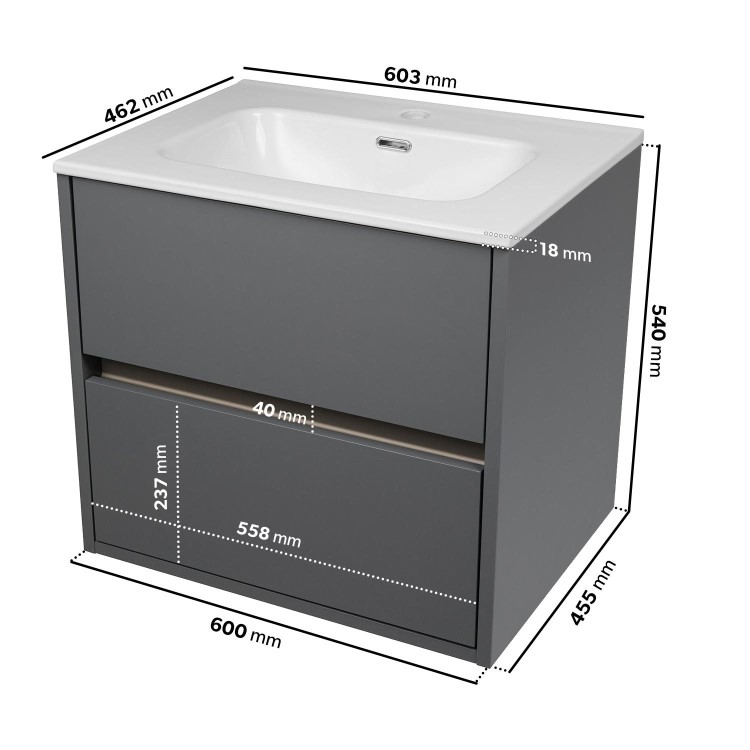 Grade A1 - 600mm Grey Wall Hung Vanity Unit with Basin - Roxbi