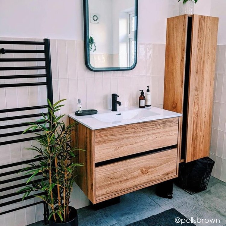 Grade A1 - 800mm Wood Effect Wall Hung Vanity Unit with Basin - Roxbi