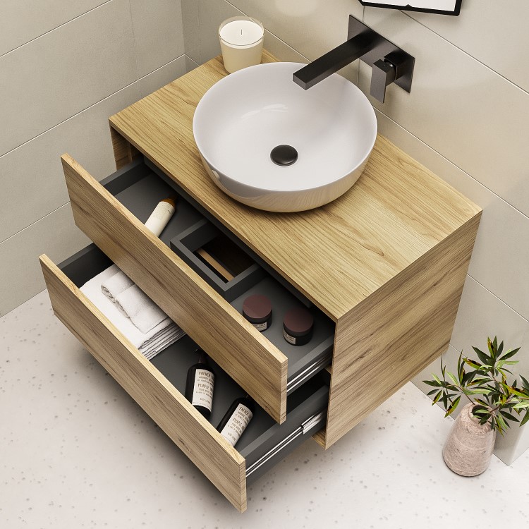 Grade A1 - 800mm Wood Effect Wall Hung Countertop Vanity Unit with Basin - Roxbi