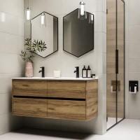 ALMOST PERFECT - 1200mm Wood Effect Wall Hung Double Vanity Unit with Basins - Roxbi