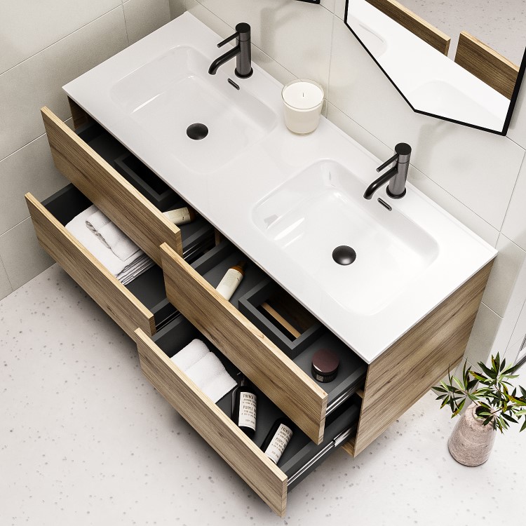 ALMOST PERFECT - 1200mm Wood Effect Wall Hung Double Vanity Unit with Basins - Roxbi