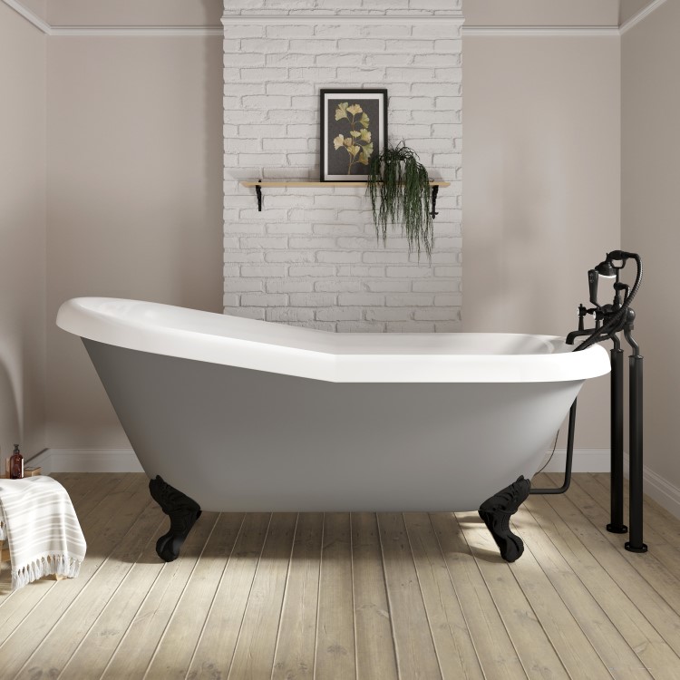 Matt Grey Roll Top Freestanding Slipper Bath with Matt Black Feet 1615 x 690mm - Baxenden