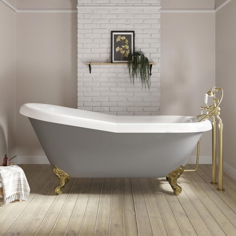 Matt Grey Roll Top Freestanding Slipper Bath with Brushed Brass Feet 1615 x 690mm - Baxenden