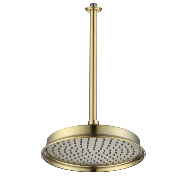 230mm Brushed Brass Traditional Shower Head with Ceiling Arm