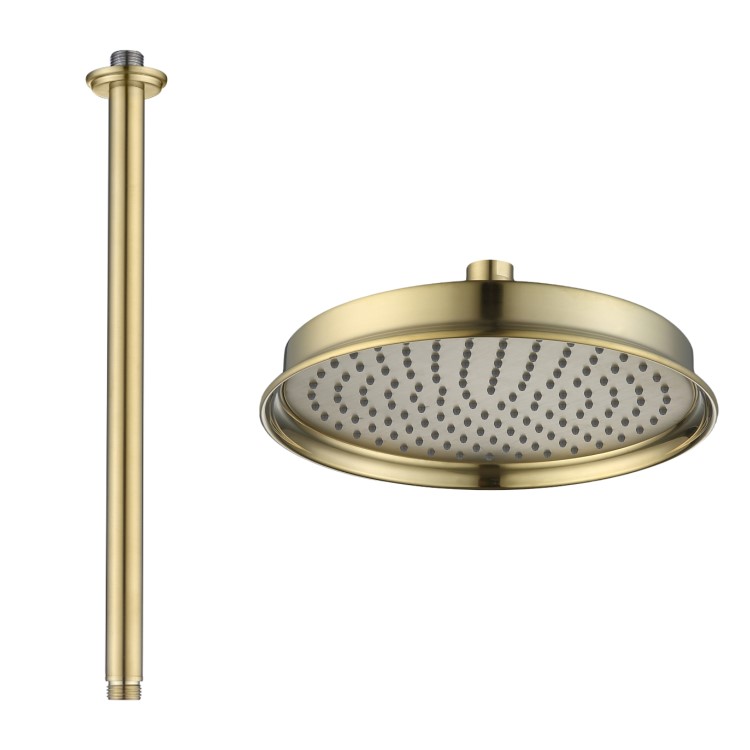 230mm Brushed Brass Traditional Shower Head with Ceiling Arm