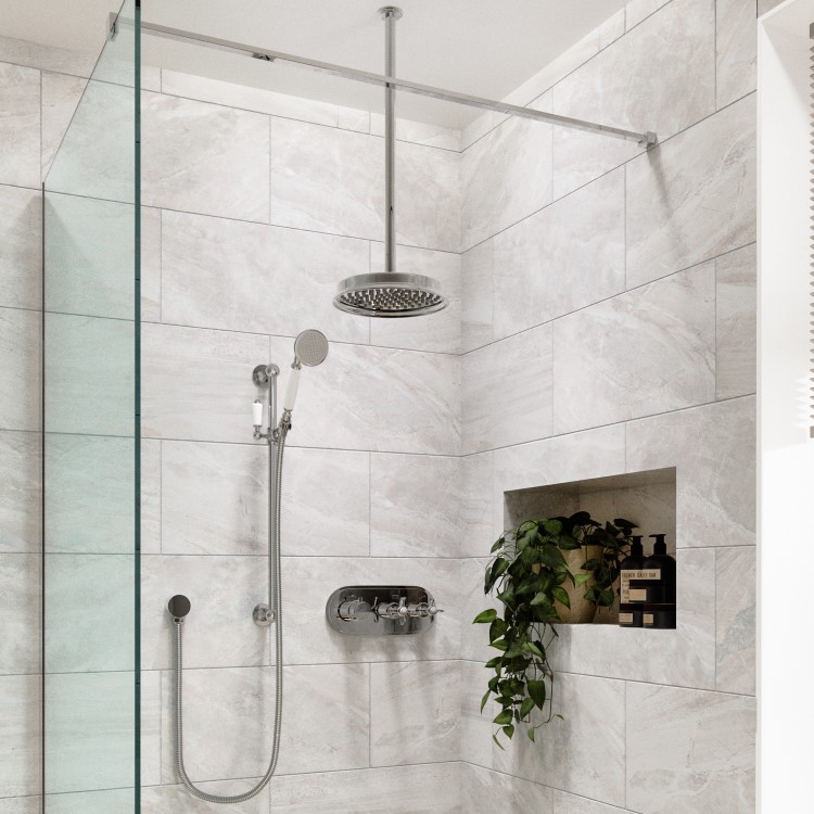 Chrome 2 Outlet  Ceiling Mounted Thermostatic Mixer Shower Set with Hand Shower  - Camden