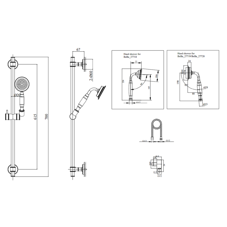 Black 1 Outlet Thermostatic Mixer Shower Set with Hand Shower  - Camden
