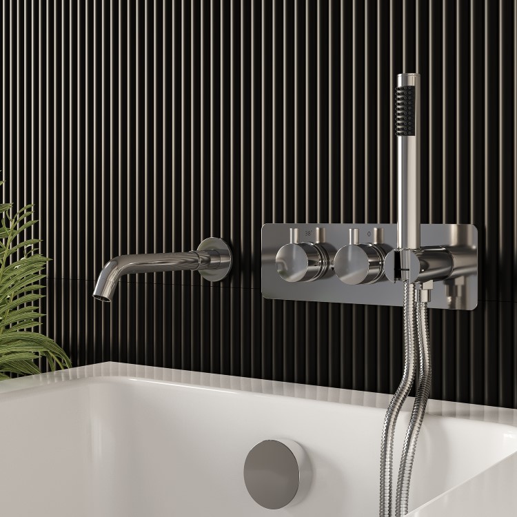 Chrome 2 Outlet  Wall Mounted Thermostatic Mixer Shower Set With Hand Shower & Spout - Flow