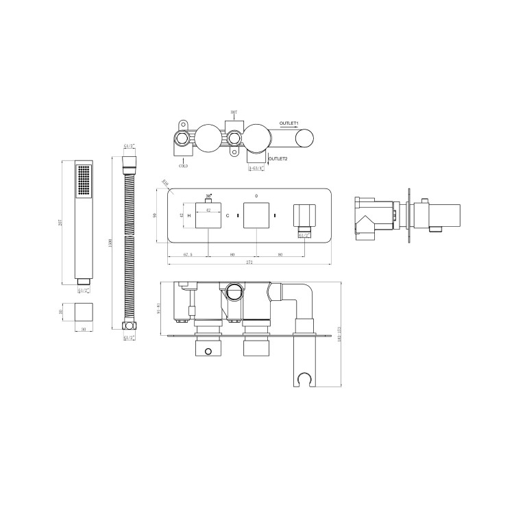 Chrome 2 Outlet  Wall Mounted Thermostatic Mixer Shower Set with Hand Shower - Cube