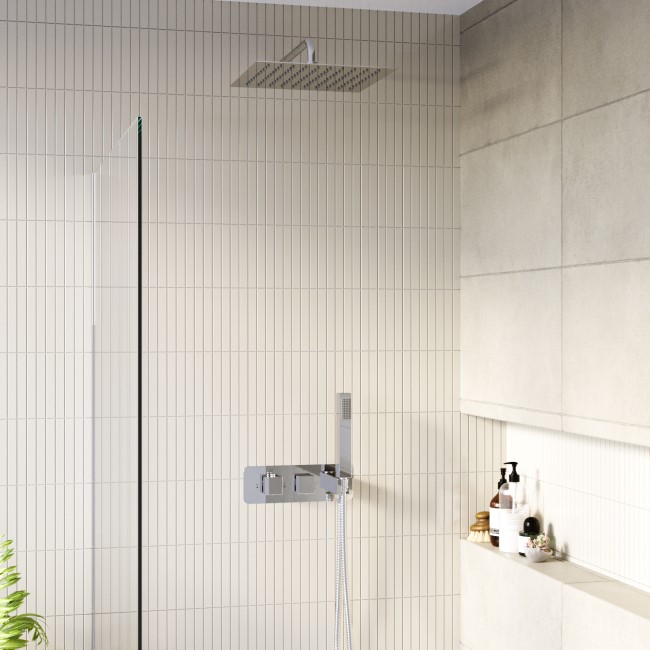 Chrome Dual Outlet Wall Mounted Thermostatic Mixer Shower - Cube