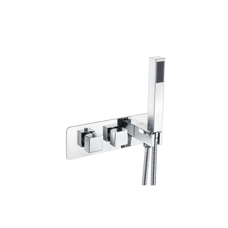 Chrome 2 Outlet  Wall Mounted Thermostatic Mixer Shower Set with Hand Shower - Cube