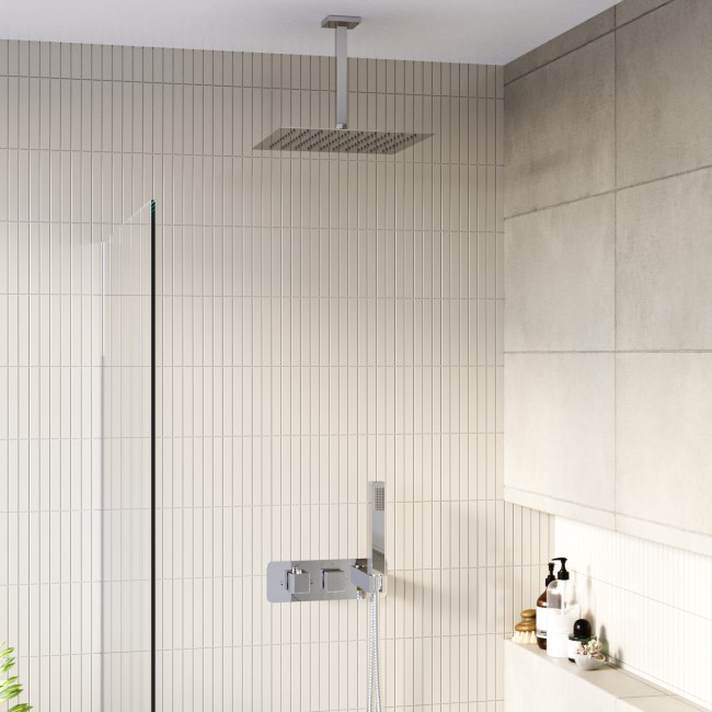 Chrome Dual Outlet Ceiling Mounted Thermostatic Mixer Shower - Cube