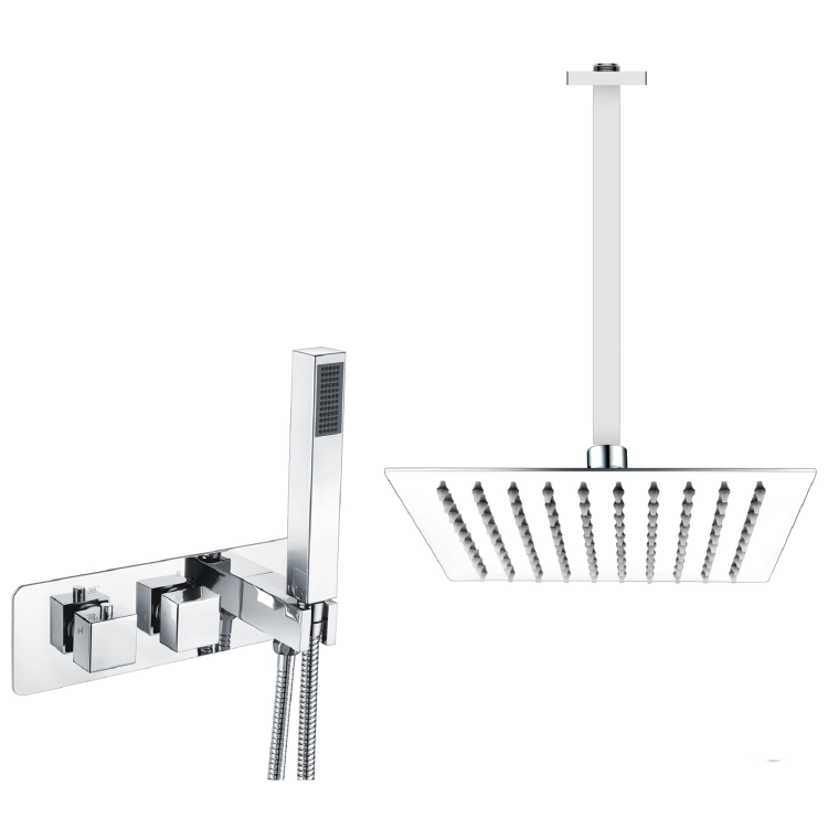 Chrome 2 Outlet  Ceiling Mounted Thermostatic Mixer Shower Set with Hand Shower - Cube