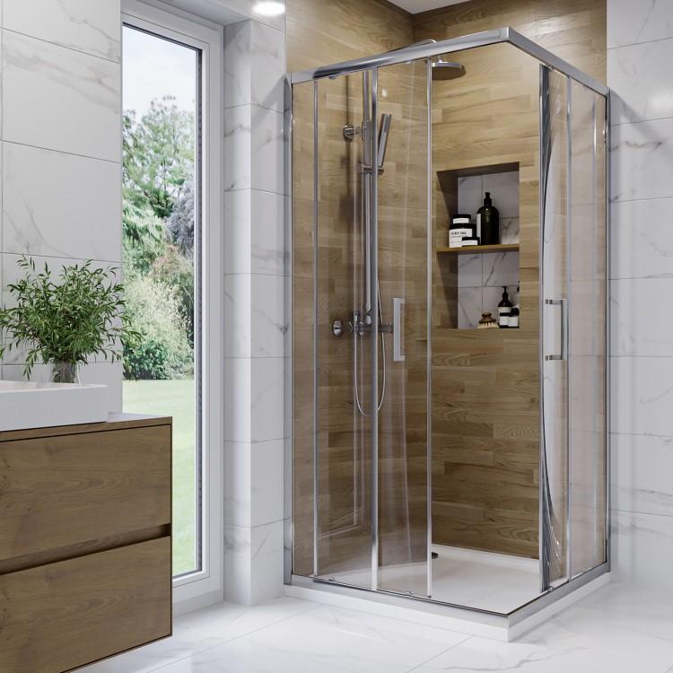 800mm Chrome 6mm Glass Square Corner Entry Shower Enclosure with Shower Tray - Carina