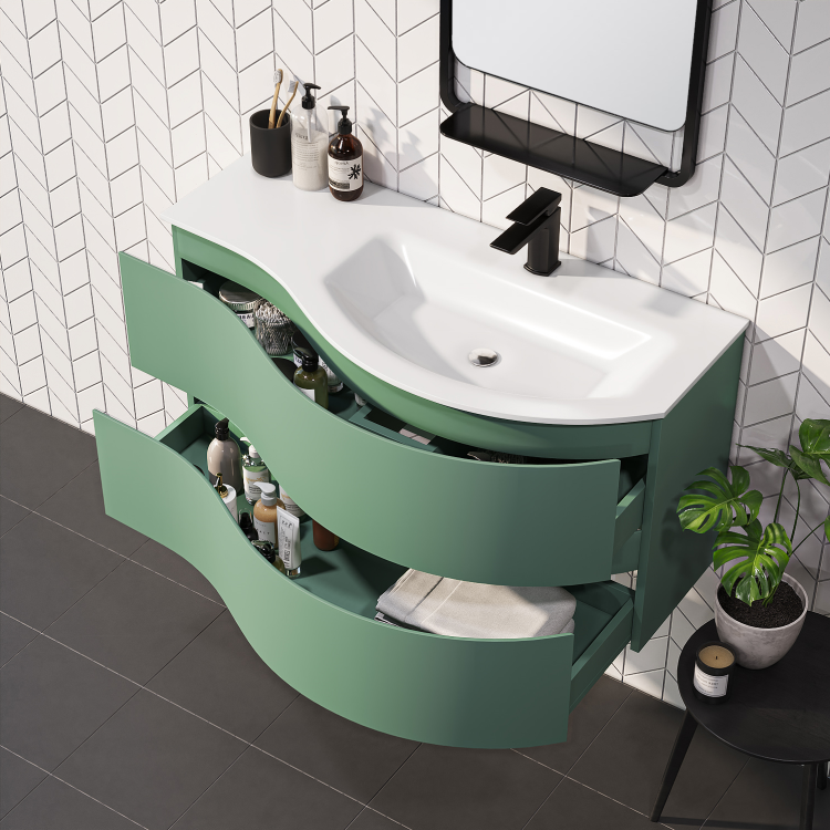 1000mm Green Wall Hung Right Hand Curved Vanity Unit with Basin  - Tulum